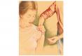 Illustration of young woman being vaccinated for educational flip chart resource. Colour pencil.