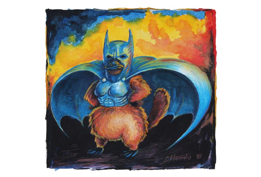 Platypus Batman. Acrylic & colour pencil on paper.