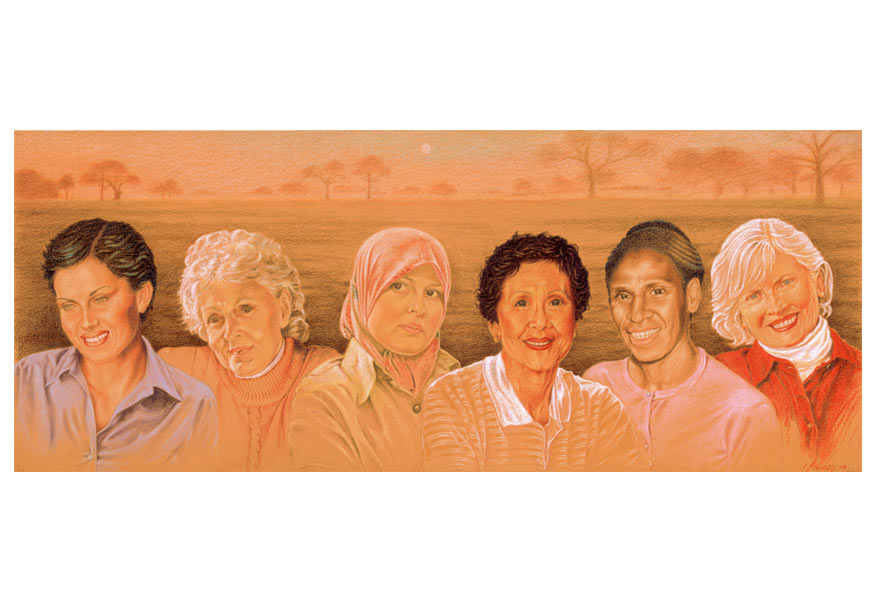Illustration of multicultural women for educational flip chart resource. Colour pencil.