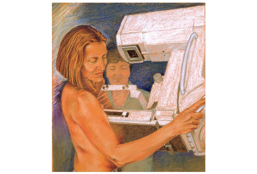 Mammogram for foreign language breast health education workshops. Colour pencil and pastel.